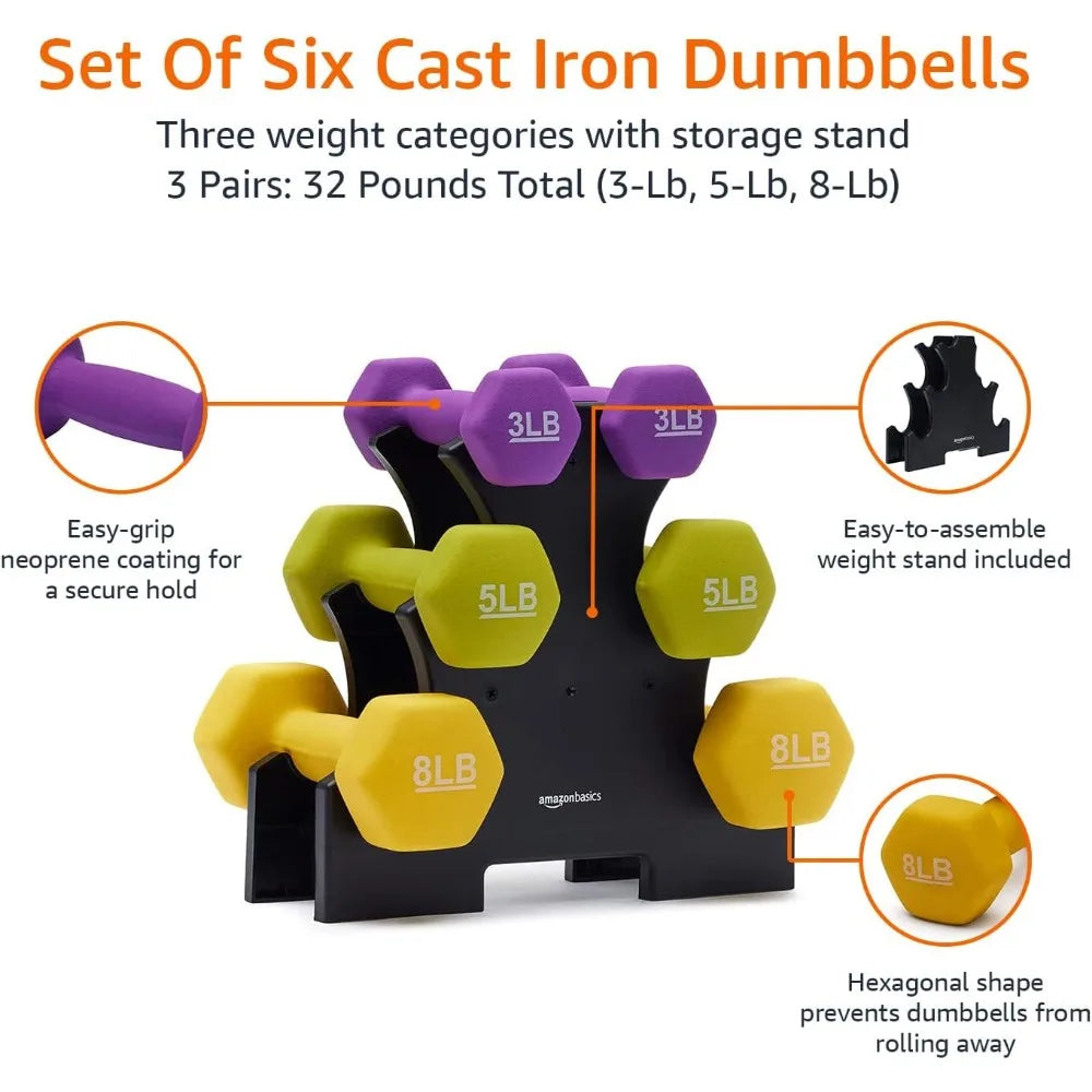 6 Pc Set of 3lb 5lb and 8lb Neoprene Coated Hexagon Workout Dumbbell Hand Weights